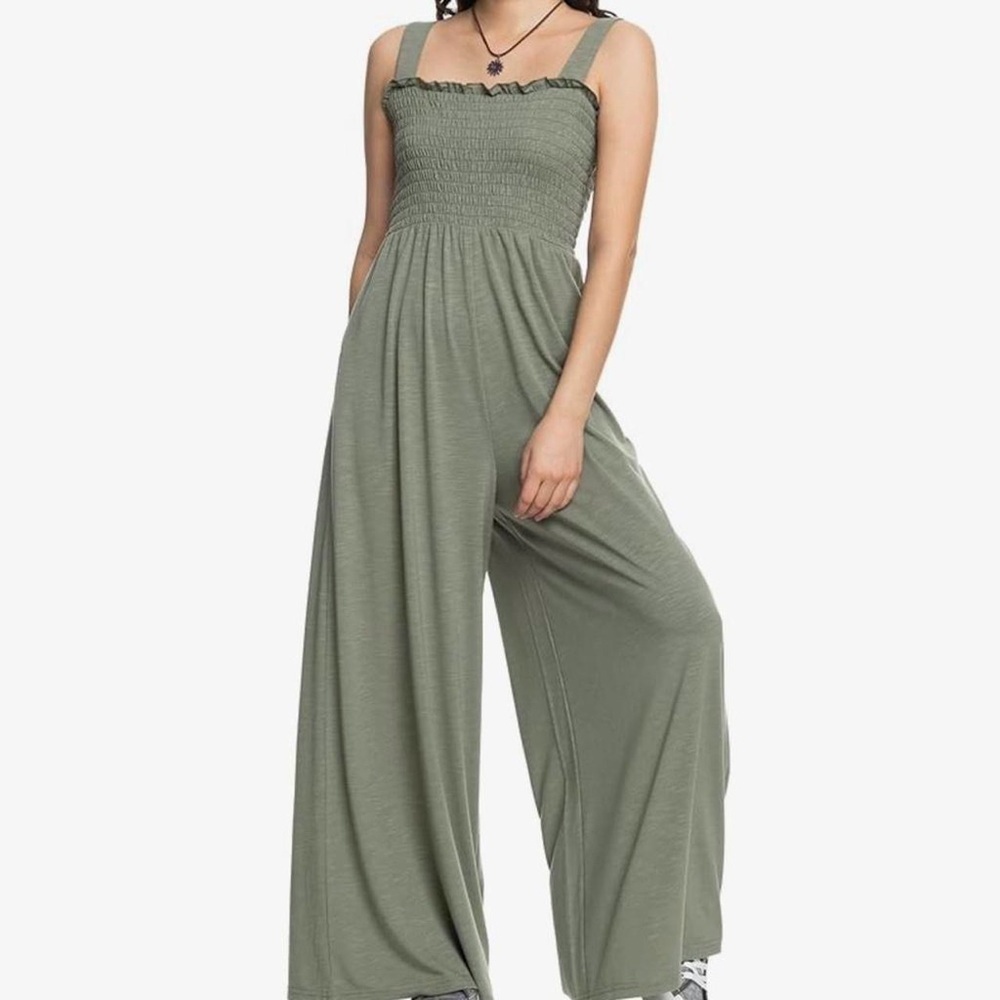 Olive Green Wide Leg Cropped Jumpsuit 1X 2X Smocked Minimalist Lagenlook Boho